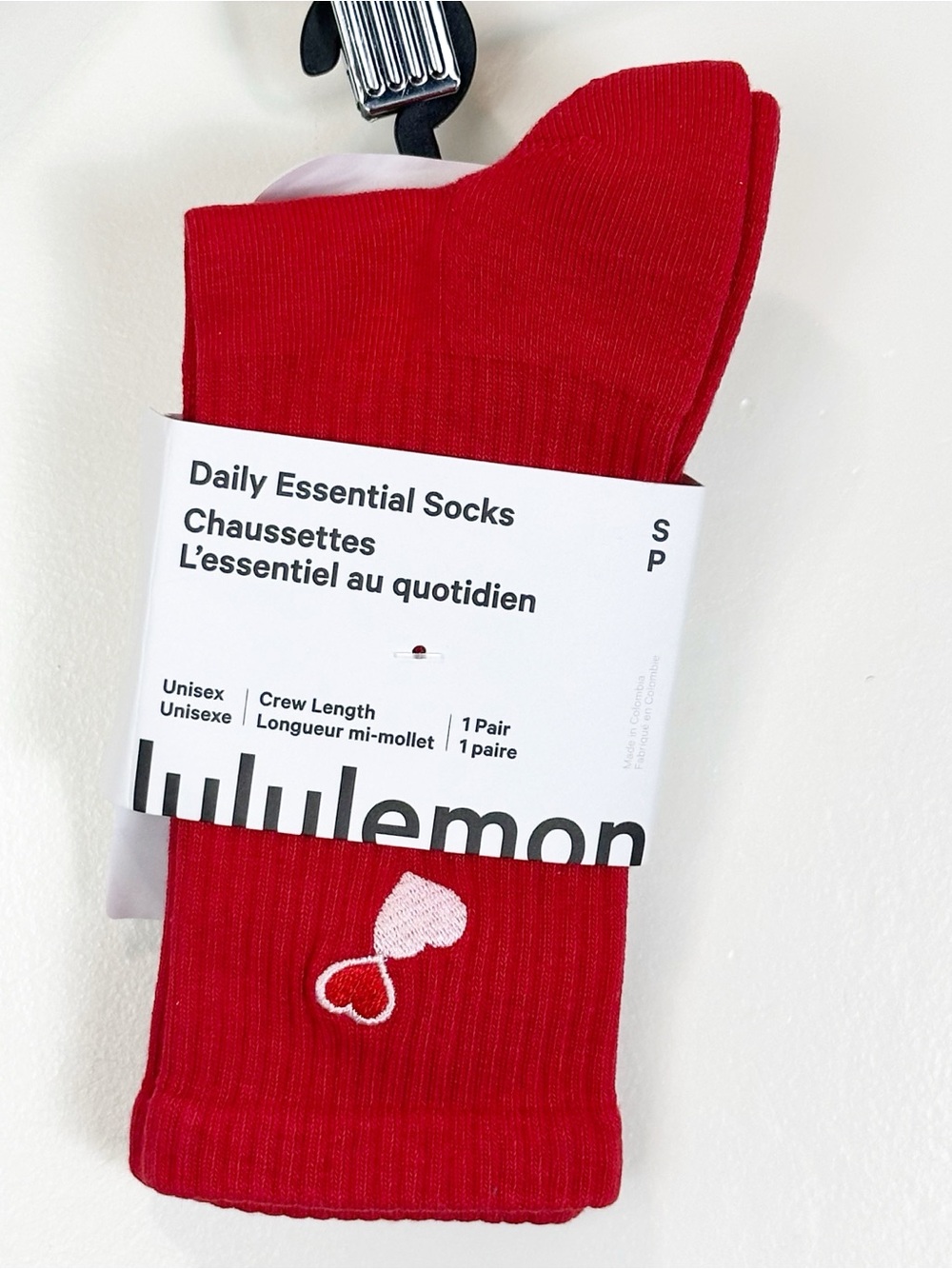 Lululemon Daily Essential Crew Socks Oxford Red Hearts Unisex Size S Valentine’s